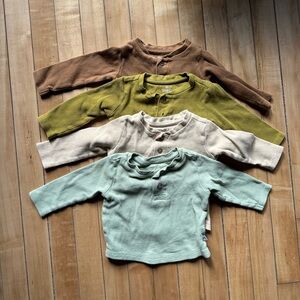 Kids Long Sleeve Waffle Knit Tops - 4 in Green, Yellow, Brown
